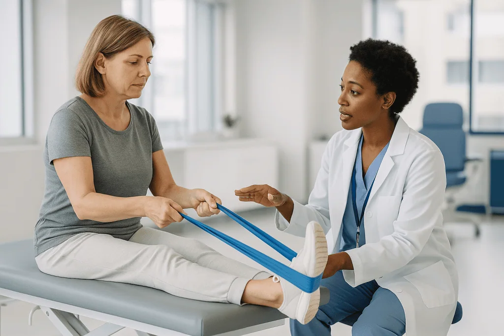 Physical therapist examining patient ankle with resistance band: Do ankle impingement exercises actually work if there is a 