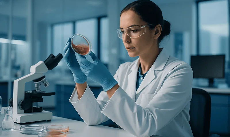 Female scientist examining a petri dish in a modern laboratory setting.