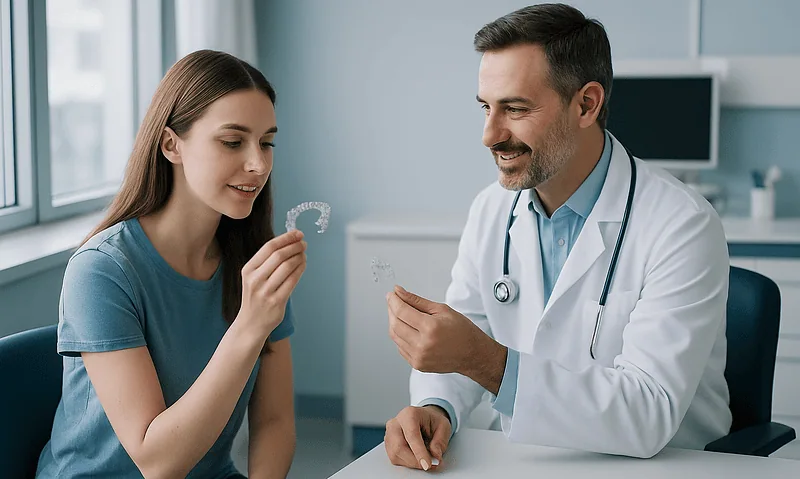 Orthodontist explaining clear aligners to a young patient in a clinic.