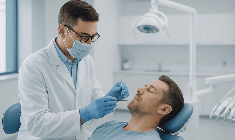 Dentist performing a dental procedure on a patient in a clinical setting.