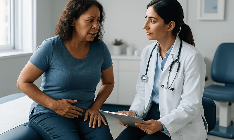 Doctor consulting with a patient about fibroids and related symptoms.