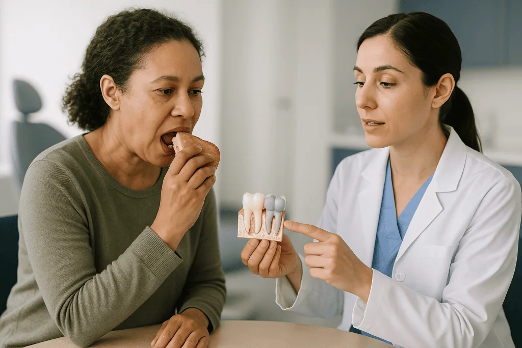 Dentist consulting patient about dental filling and tooth model: Do fillings harden immediately? Composite, amalgam and glas