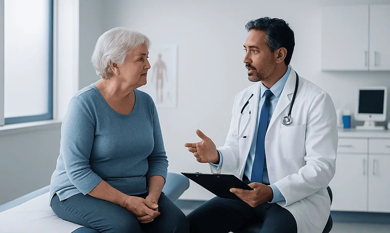 Doctor consulting with elderly woman in medical office.