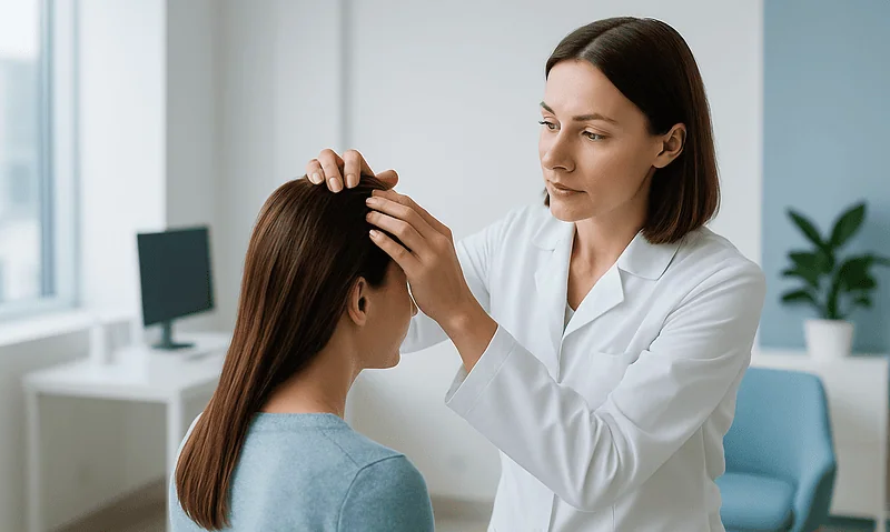 Doctor examining patient's scalp in a medical consultation room.