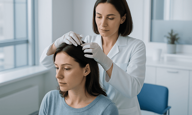 Doctor examining woman's scalp in a clinical setting.