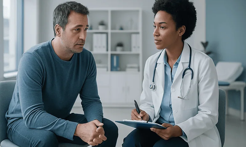 Doctor consulting with a male patient in a medical office.