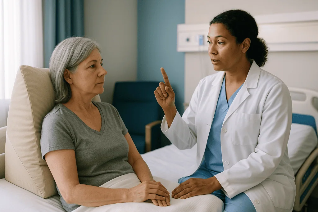 Doctor consulting with older female patient in examination room: Do I have to sleep upright? After Epley maneuver instructio