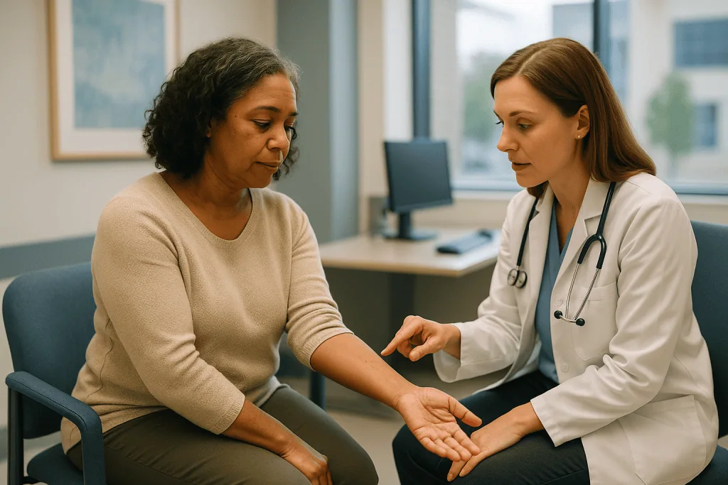 Doctor examining patient's arm during consultation: Do I need a TB test before biologics, and what does a positive result me