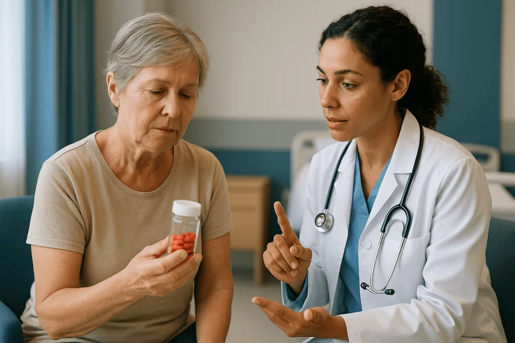 Doctor consulting with older patient holding medication bottle: Do I need to stop blood thinners before hernia surgery?