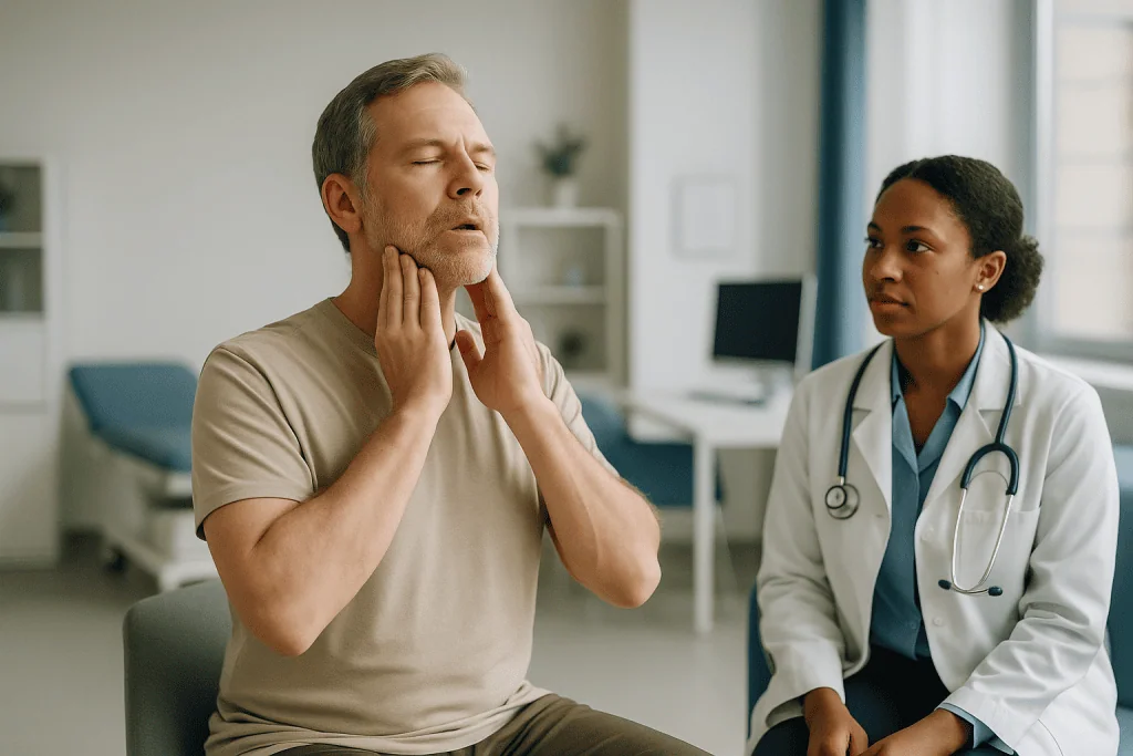 Male patient consulting with female doctor about jaw pain: Do jawline exercises actually work?