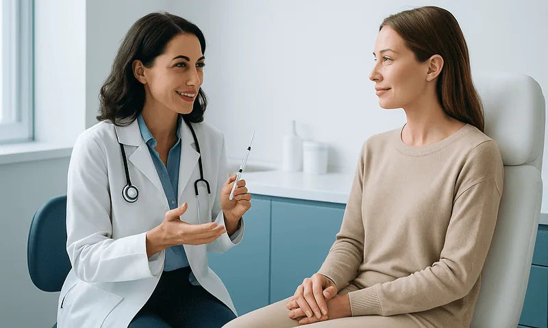 Doctor explaining lip filler procedure to patient in clinic.
