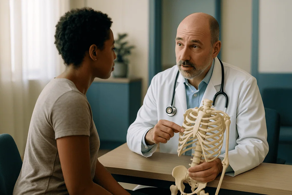 Doctor explains skeletal anatomy using rib cage model: Do men and women have the same number of ribs?