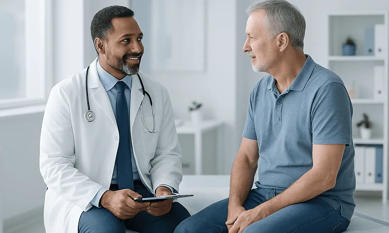 Doctor consulting with an older male patient in a modern clinic setting.