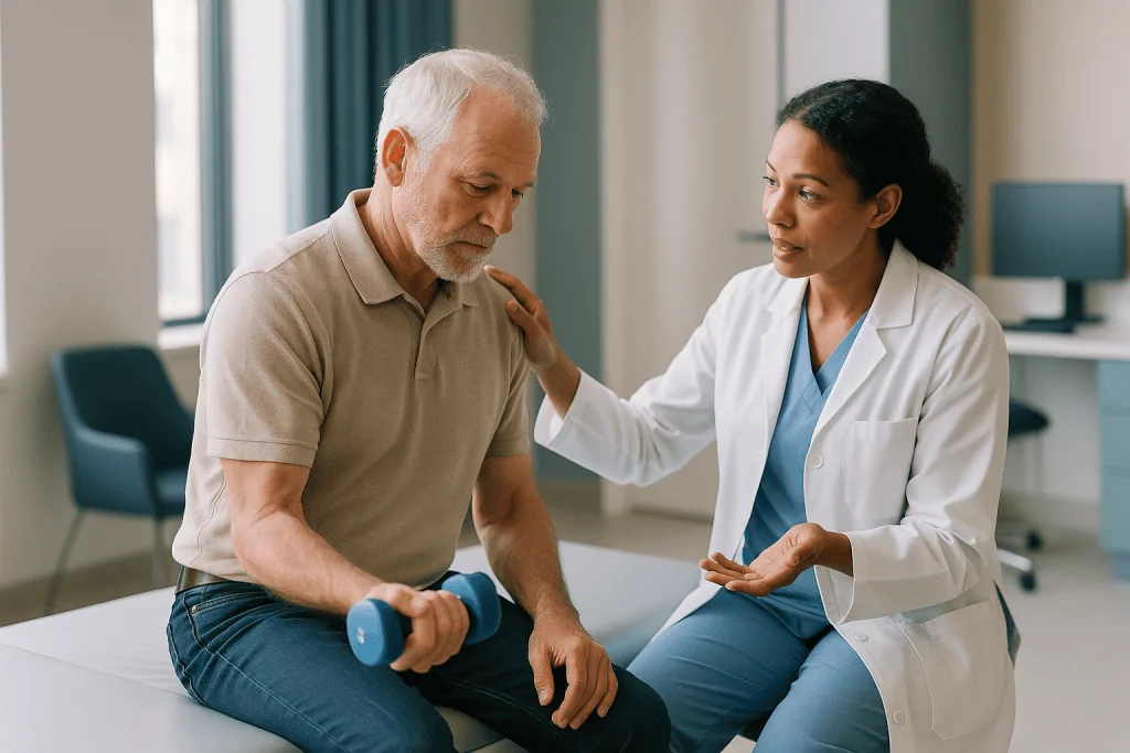 Doctor consulting with senior male patient holding dumbbell: Do nerves grow back after denervation, and what happens when th