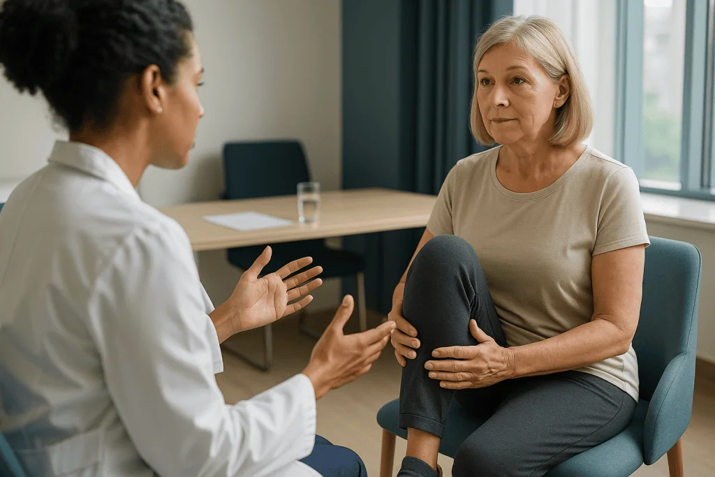 Two women in consultation, one gesturing while speaking: Do pelvic floor exercises and fluid changes really help urgency?