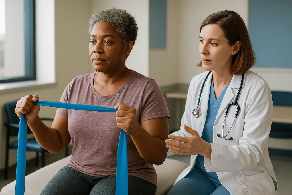Healthcare provider instructing patient on resistance band exercise: Do resistance bands actually work for building muscle?