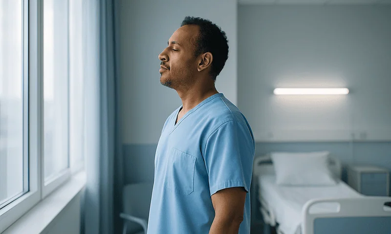 Male healthcare professional looking out hospital window in blue scrubs.