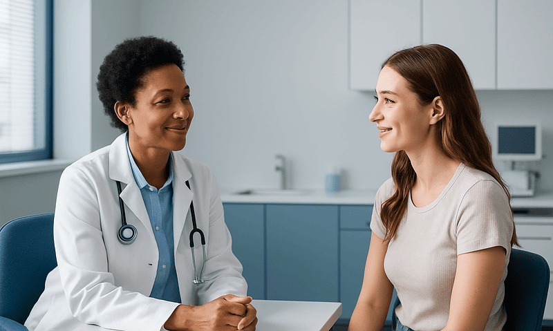 Doctor consulting with a young woman in a medical office.