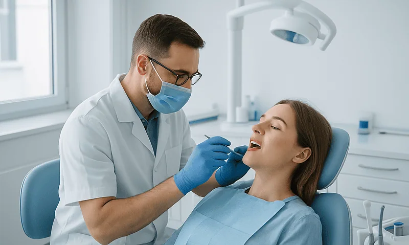 Dentist examining patient's teeth in a dental clinic.