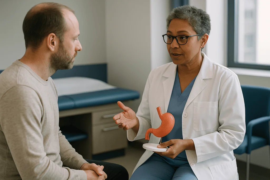 Doctor with stomach model consulting patient in clinic: Do they put gas in you for laparoscopic surgery?
