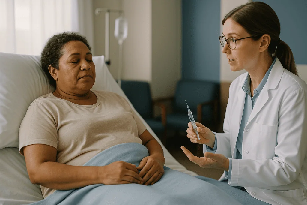 Doctor consulting patient in hospital room: Do they put you to sleep for an epidural steroid injection?