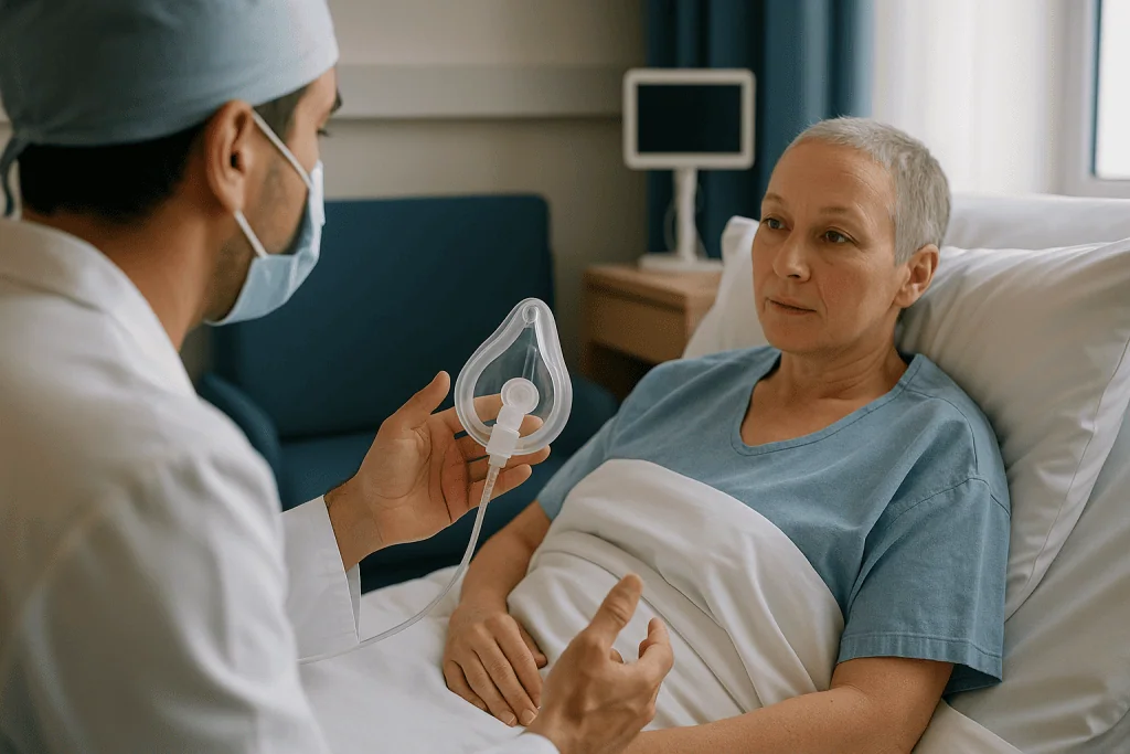 Doctor showing oxygen mask to patient in hospital bed: Do they put you to sleep for endoscopic brain surgery?