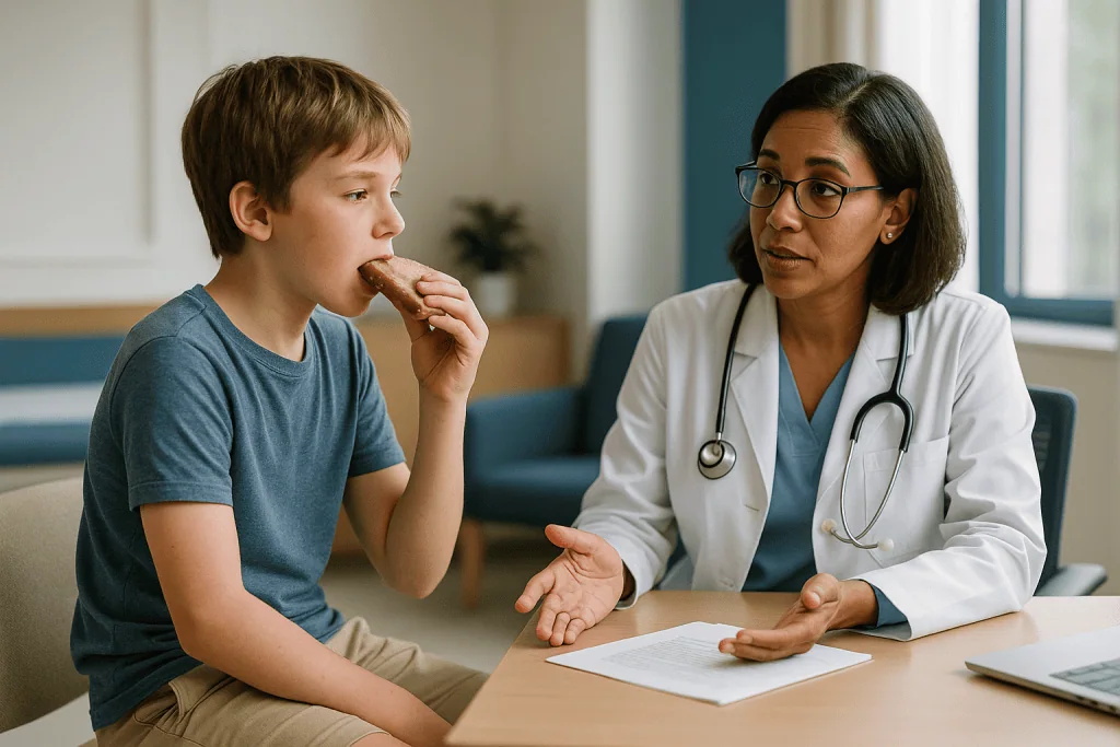 Child in medical consultation with pediatrician, eating snack: Do tics go away on their own? Why watchful waiting is often t