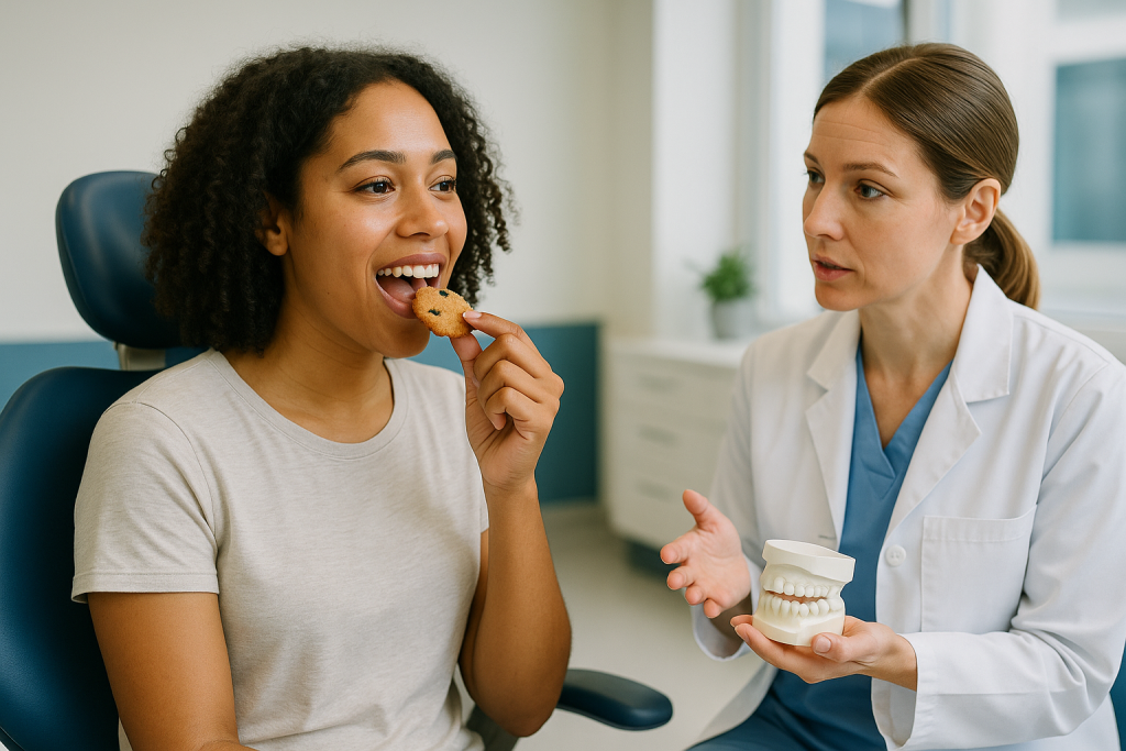 Dentist showing patient dental model, patient eating cookie: Do tooth gems damage teeth? What the evidence actually shows