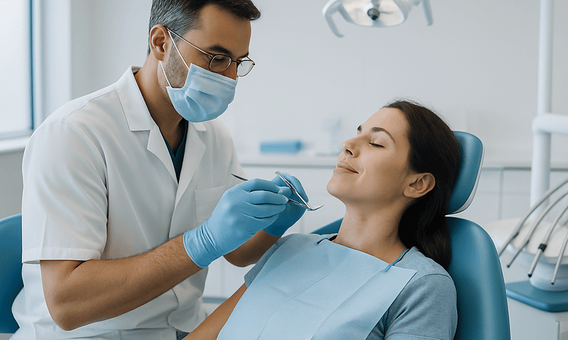 Dentist examining a patient in a dental clinic with modern equipment.