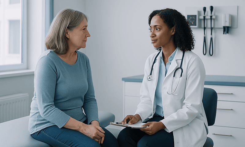 Doctor consulting with a female patient in a medical office.