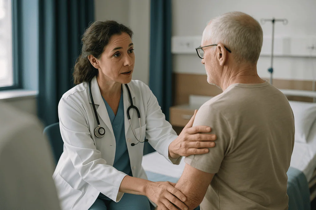 Doctor consulting with elderly male patient in hospital room: Do you have to be sedated for a thoracentesis?
