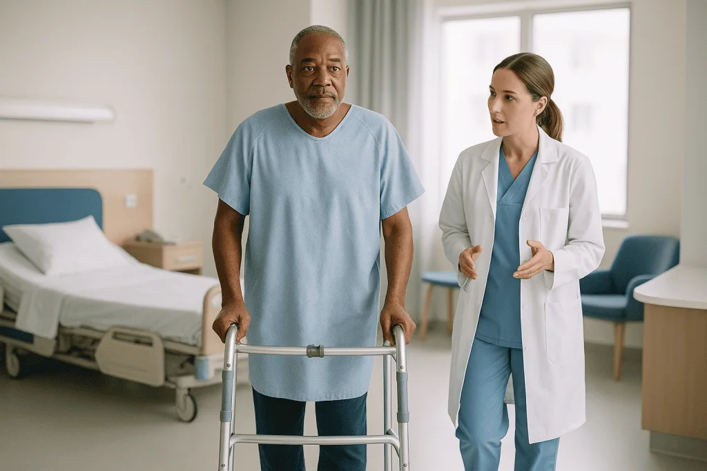 Senior male patient with walker and female doctor in hospital room: Do you heal faster with robotic surgery? What the eviden