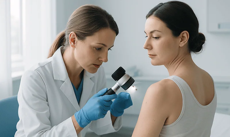 Doctor examining woman's skin with a dermatoscope in a clinical setting.