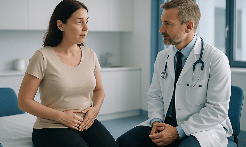 Doctor consulting with a woman patient about abdominal health.