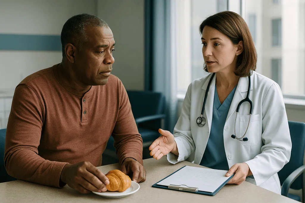Doctor consulting patient about diet and medical preparation: Do you need to be fasting before a CT angiogram?