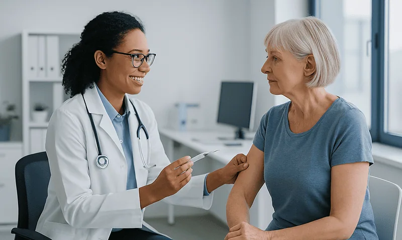 Doctor consulting with an elderly female patient in a medical office.