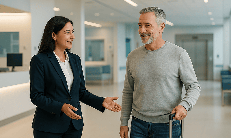 Smiling woman and man with luggage talking in hospital lobby.