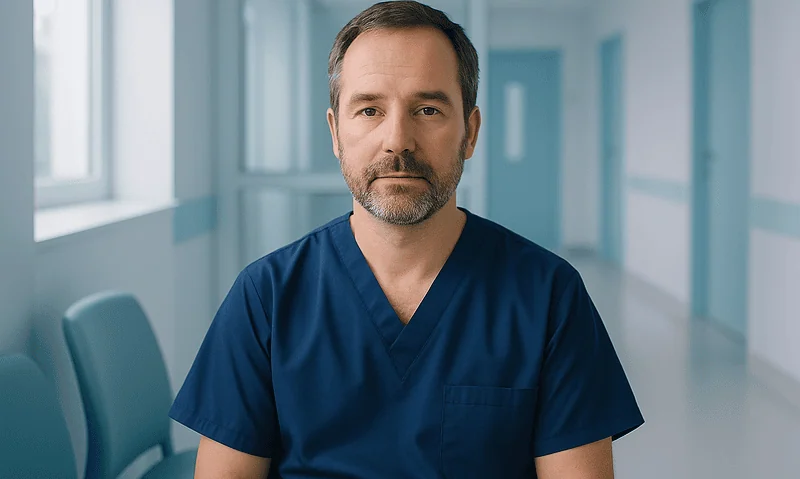 Medical professional in blue scrubs in a hospital corridor.