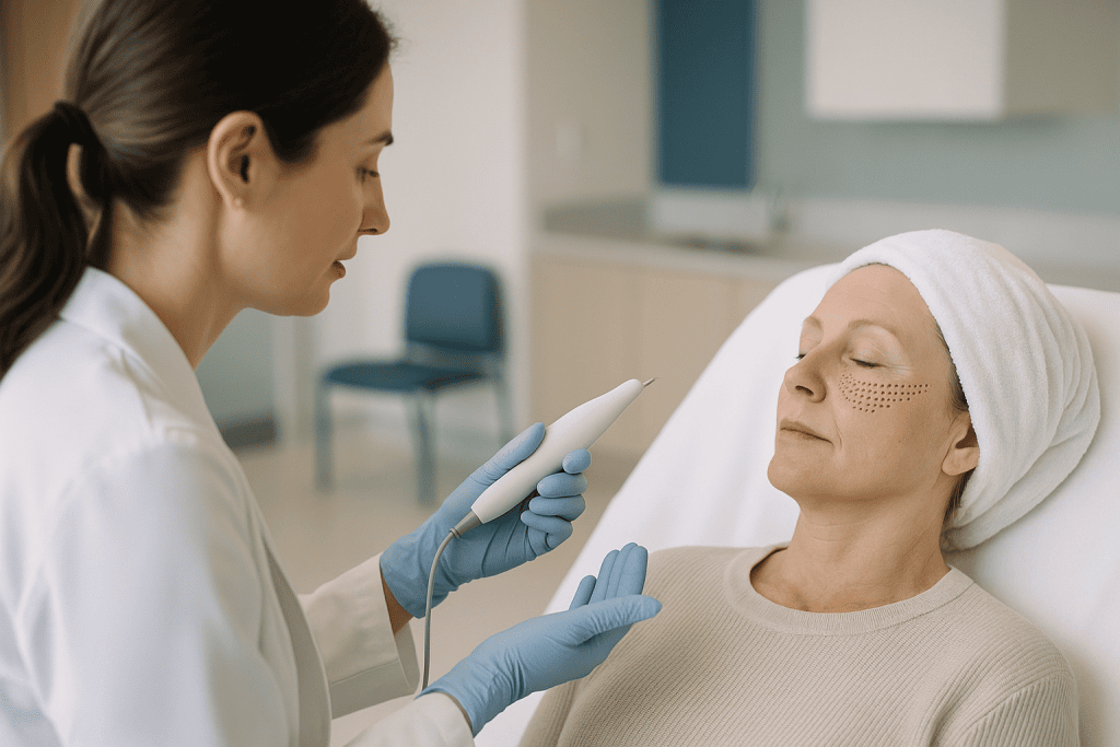 Dermatologist performing plasma fibroblast treatment on patient: Do you touch the skin with a plasma pen?