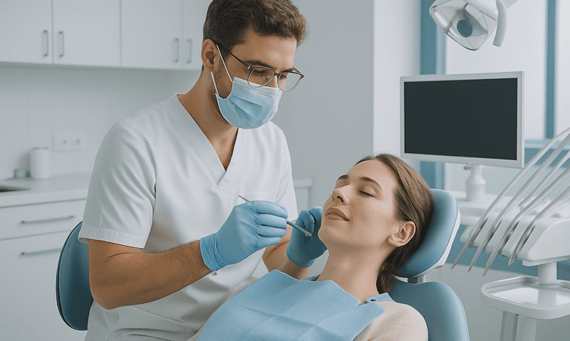 Dentist examining a patient in a modern dental clinic.