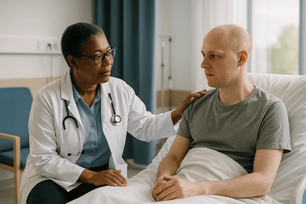 Doctor consulting with patient in hospital room: Does a half-matched donor raise haploidentical transplant GVHD risk?