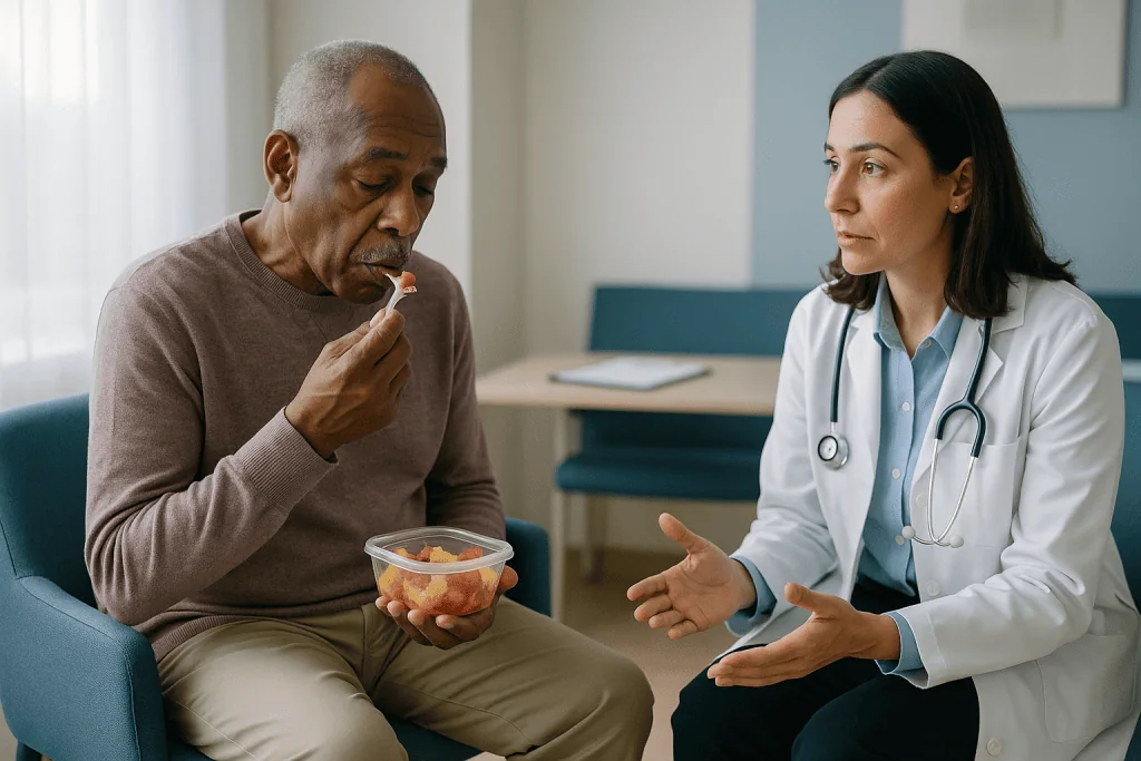 Doctor consulting patient eating fruit in office: Does a lung cancer second opinion delay treatment?