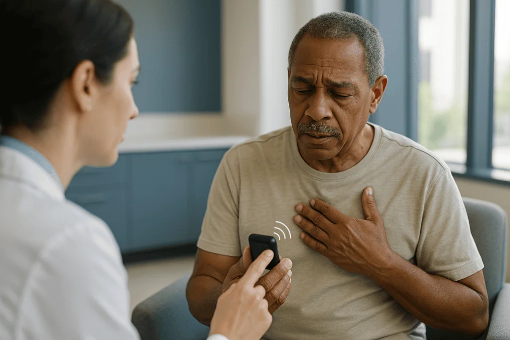 Healthcare provider consulting patient about device via smartphone: Does a pacemaker beep when the battery is low?