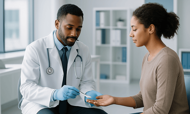 Doctor performing blood test on patient in a medical clinic.