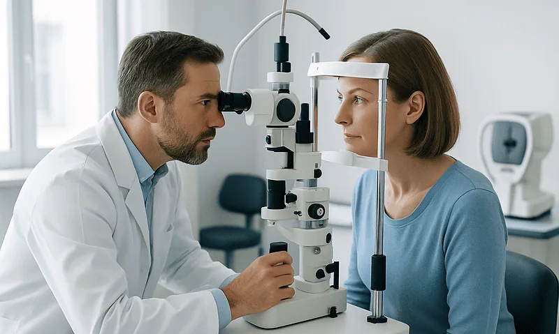 Ophthalmologist examining a patient's eye with a slit lamp in a clinic.