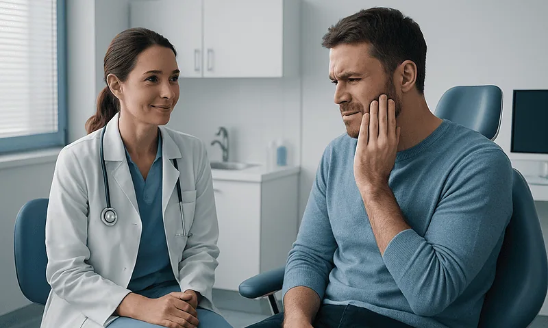 Patient consulting with dentist about dental pain in clinic setting.