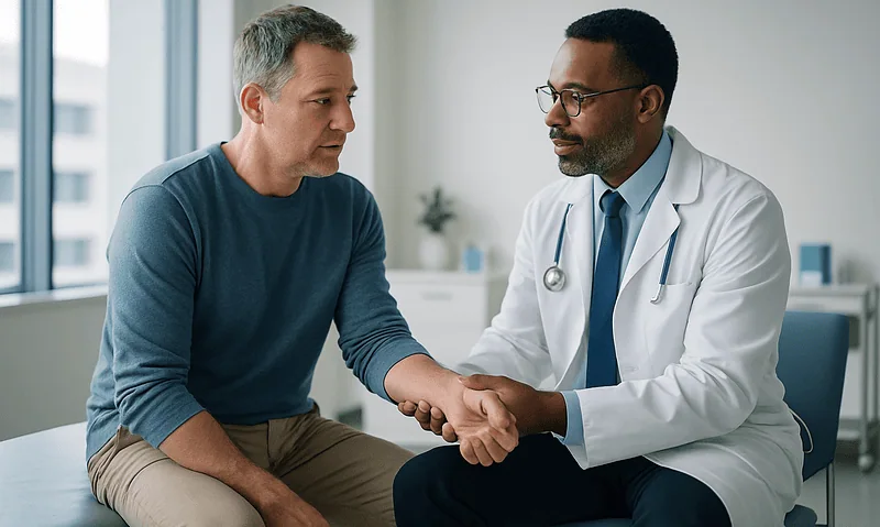 Doctor examining patient's wrist in a medical consultation.