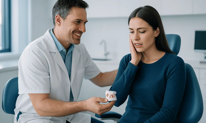 Dentist explaining tooth extraction process to a patient in a clinic.