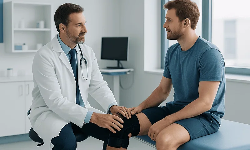 Doctor consulting with a young male patient about knee injury in clinic.