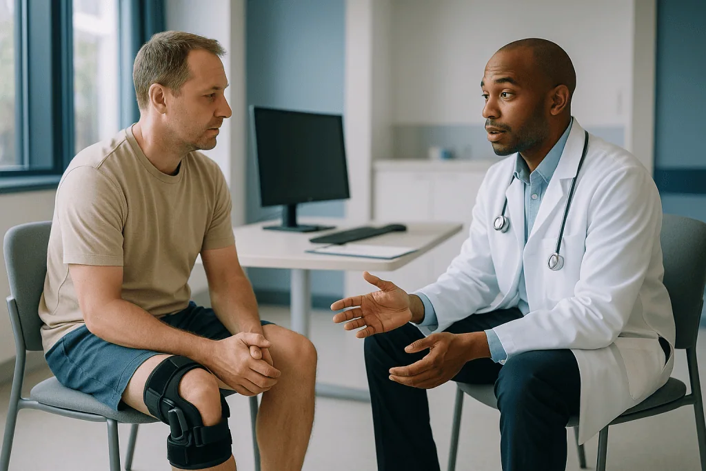 Doctor consulting patient with knee brace in clinic: Does a torn ACL need surgery? What the evidence actually shows